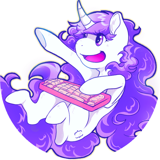 An avatar of a white-coated, lavender-maned unicorn wearing a pan pride flag.